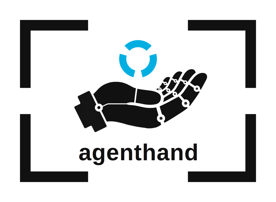 The agenthand mark: a robot hand under three cyan arcs, framed by crop corners