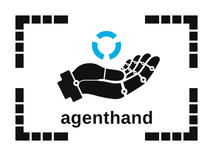 The agenthand scale card: the agenthand mark on a white card, its black corner brackets carrying small white ticks cut into the bracket arms